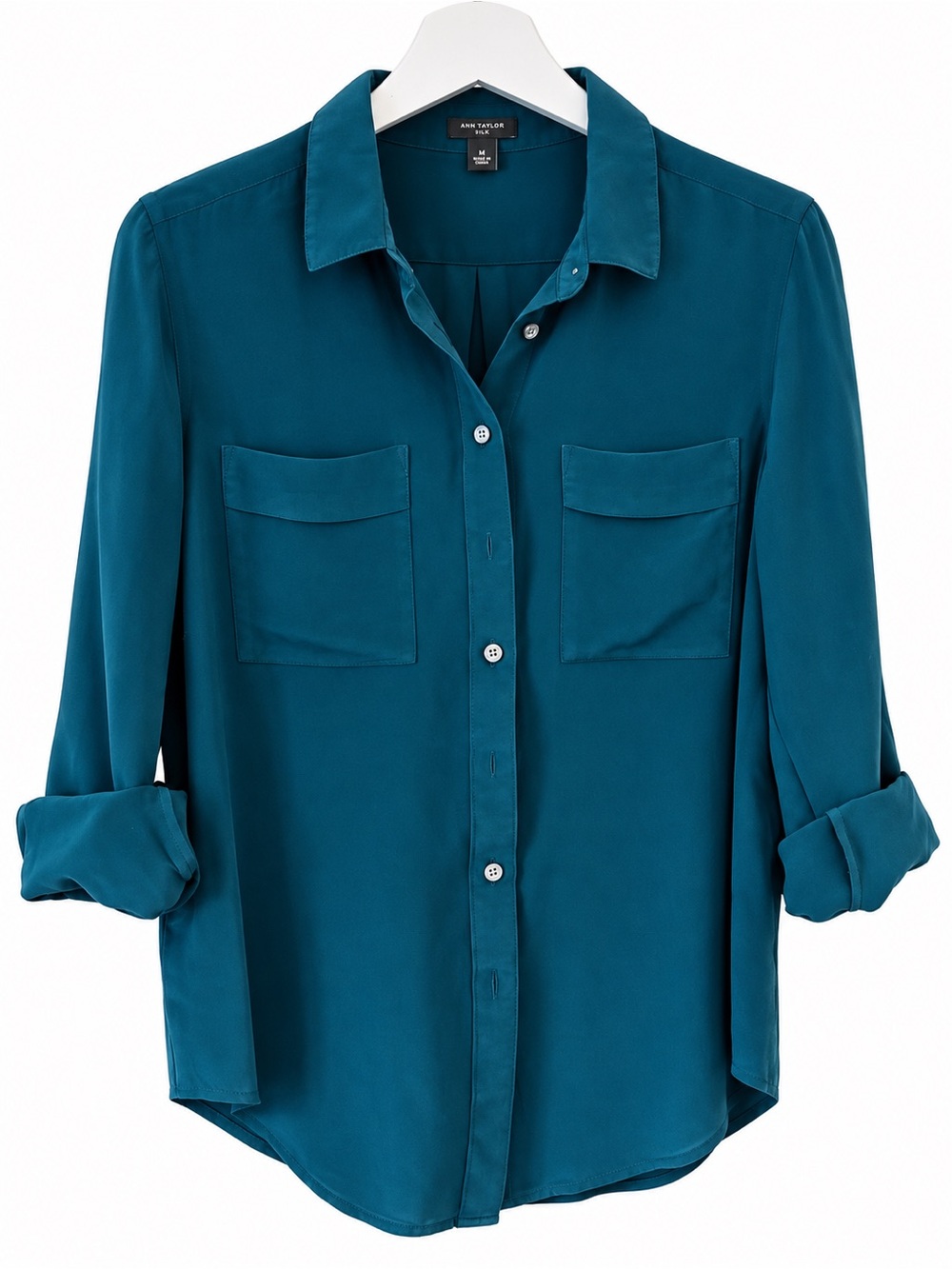 NWOT Ann Taylor 100% Silk Teal Button-Front Utility Shirt M Tab Sleeve Luxury